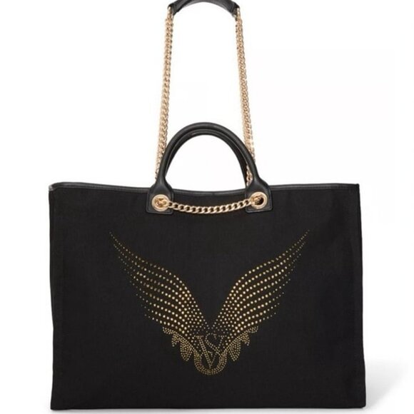 VS FASHION SHOW 2025 BACKSTAGE DOUBLE HANDLE TOTE BLACK/GOLD RHINESTONES LOGO - Picture 2 of 7
